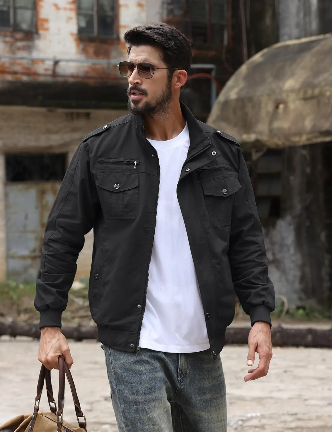 TACVASEN Men's Military Lightweight Jacket Army Cargo Windbreaker Zip Front Stand Collar Cotton Jackets with Multi Pockets
