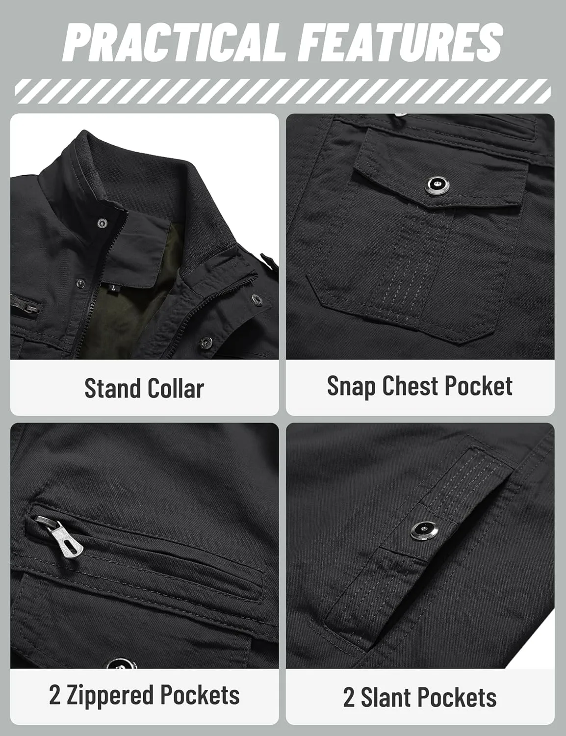 TACVASEN Men's Military Lightweight Jacket Army Cargo Windbreaker Zip Front Stand Collar Cotton Jackets with Multi Pockets