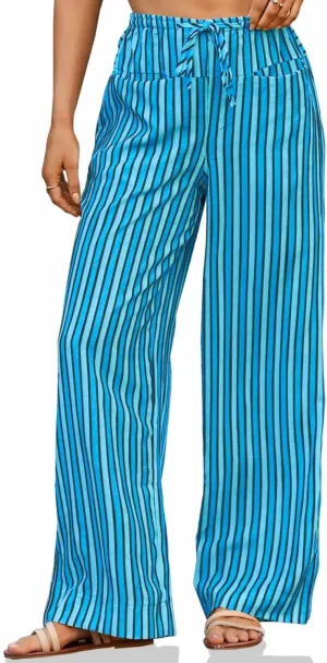 Tankaneo Womens Baggy Striped Pants Casual Loose Wide Leg Drawstring Elastic Waist Pants with Pockets