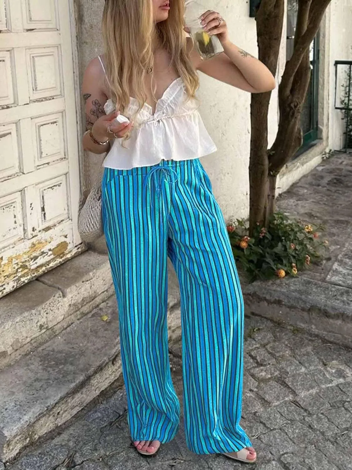 Tankaneo Womens Baggy Striped Pants Casual Loose Wide Leg Drawstring Elastic Waist Pants with Pockets