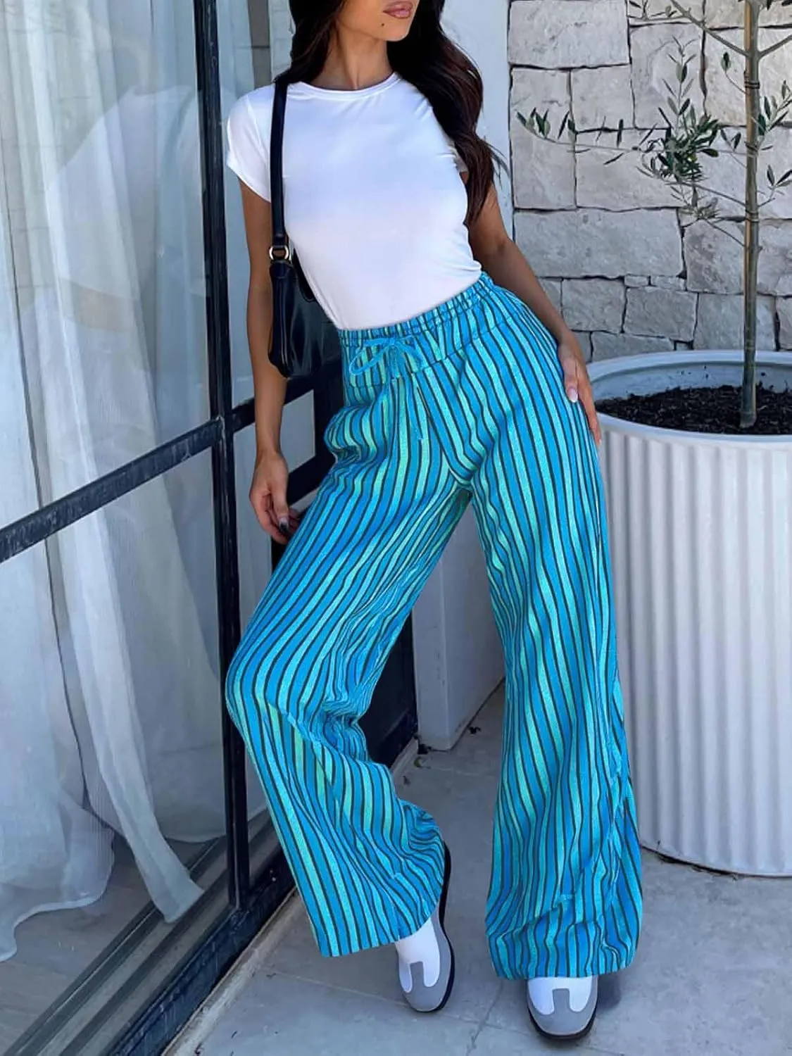 Tankaneo Womens Baggy Striped Pants Casual Loose Wide Leg Drawstring Elastic Waist Pants with Pockets