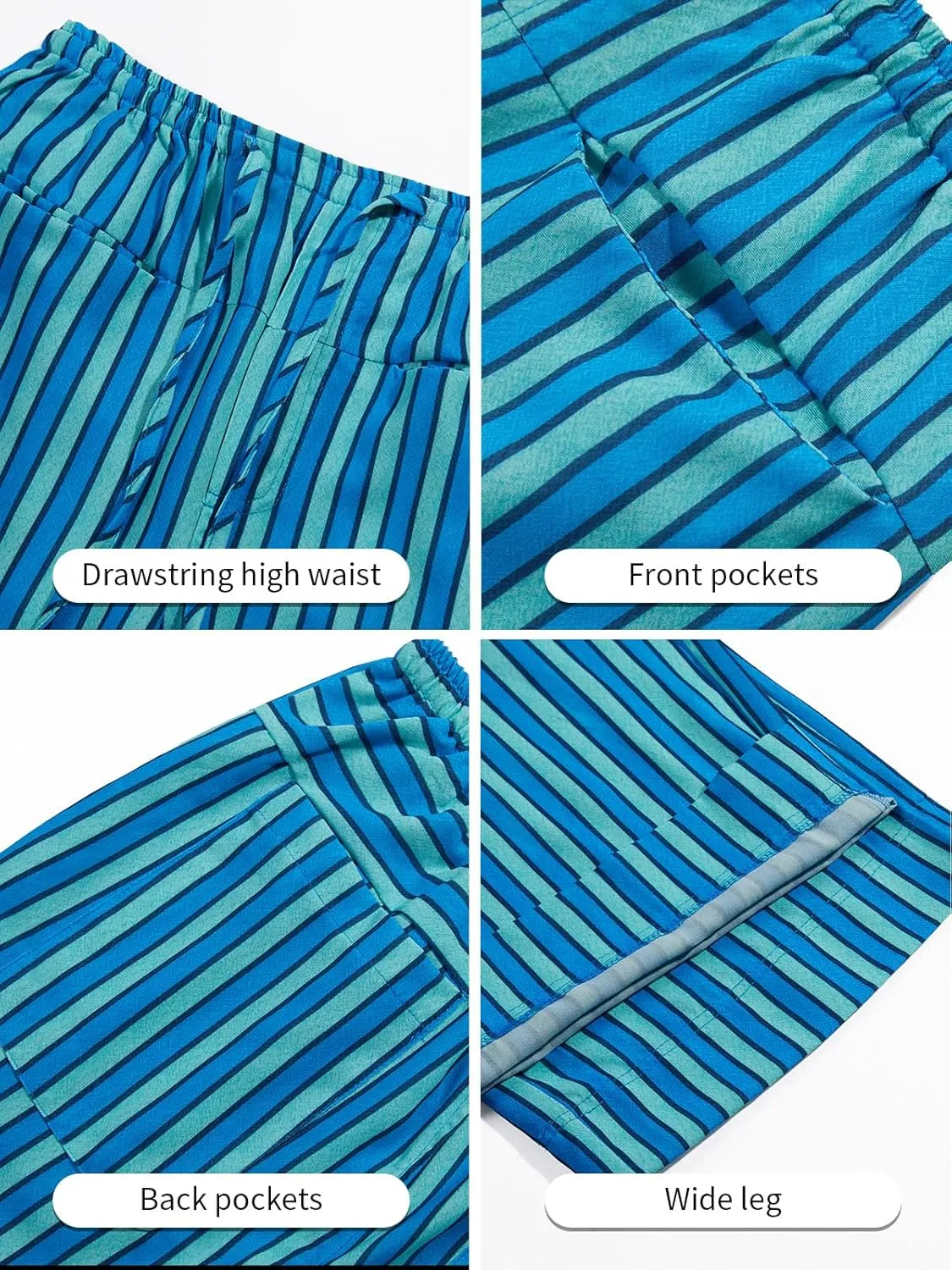 Tankaneo Womens Baggy Striped Pants Casual Loose Wide Leg Drawstring Elastic Waist Pants with Pockets