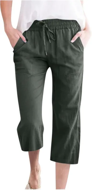 TARIENDY Capri Pants for Women Casual Summer Comfy Capris Drawstring Elastic High Waisted Pants Wide Leg Cropped Trouser