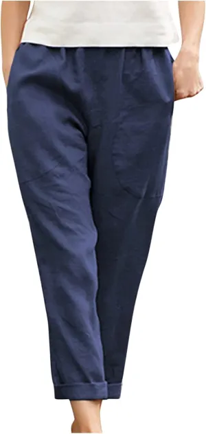 TARIENDY Womens Casual Pants Straight Leg Elastic Waist Summer Pant Plus Size Comfy Trousers Beach Outfits with Pockets