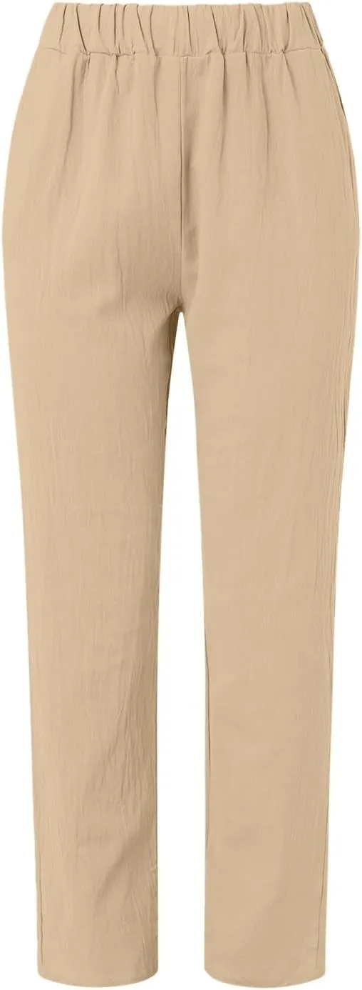 TARIENDY Women's Casual Pants Summer Trendy Elastic Waist Pant Straight Leg Baggy Trousers Vacation Outfits with Pockets