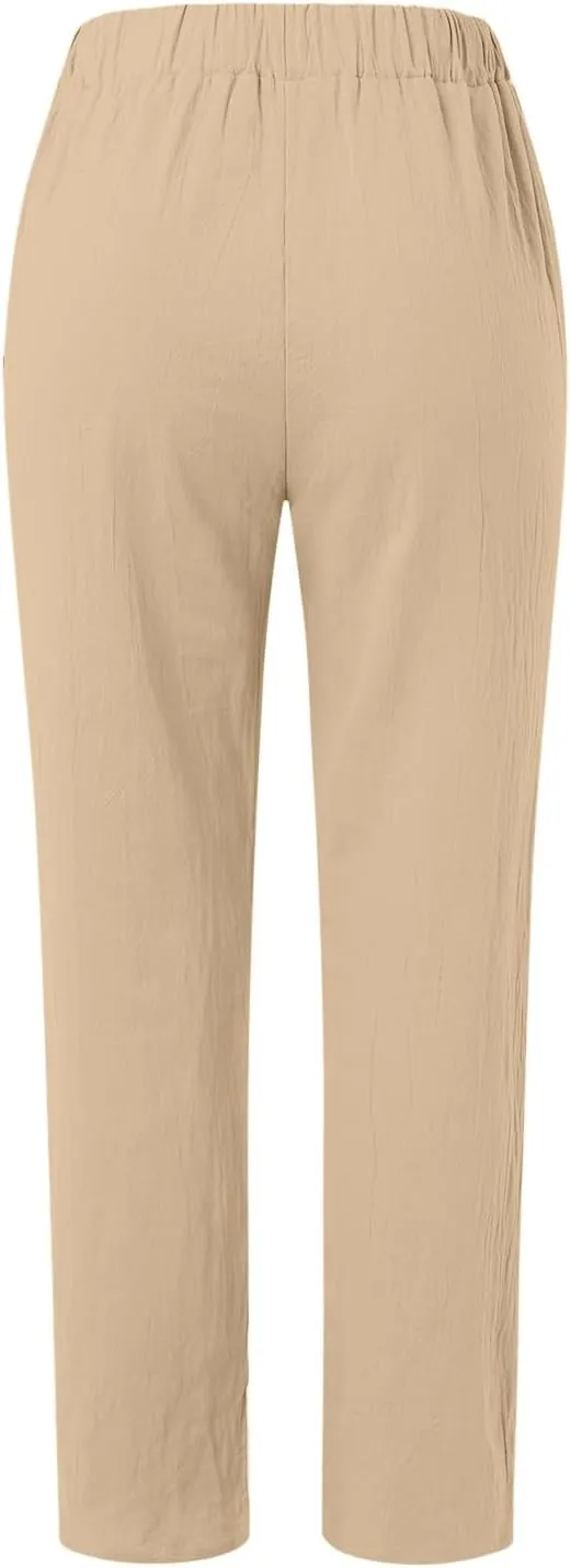 TARIENDY Women's Casual Pants Summer Trendy Elastic Waist Pant Straight Leg Baggy Trousers Vacation Outfits with Pockets