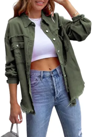 The Beauty North Denim Jacket, Womens Oversized Ripped Fringe Denim Jacket with Pockets,Women's Ripped Denim Jacket