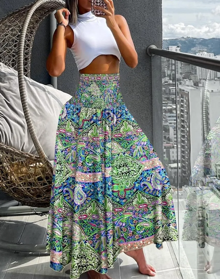 THLAI Womens Skirt Maxi Skirt Tropical Print A-Line Long Skirts Spring Summer Floral Skirt