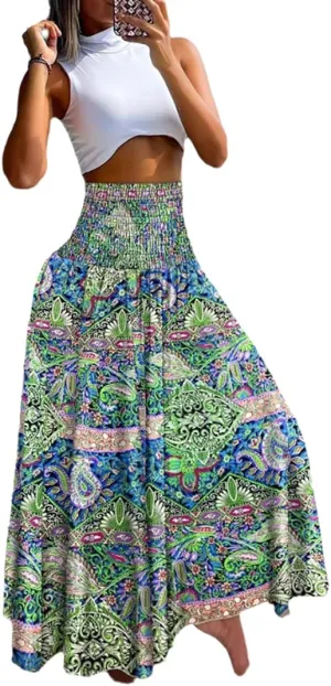 THLAI Womens Skirt Maxi Skirt Tropical Print A-Line Long Skirts Spring Summer Floral Skirt