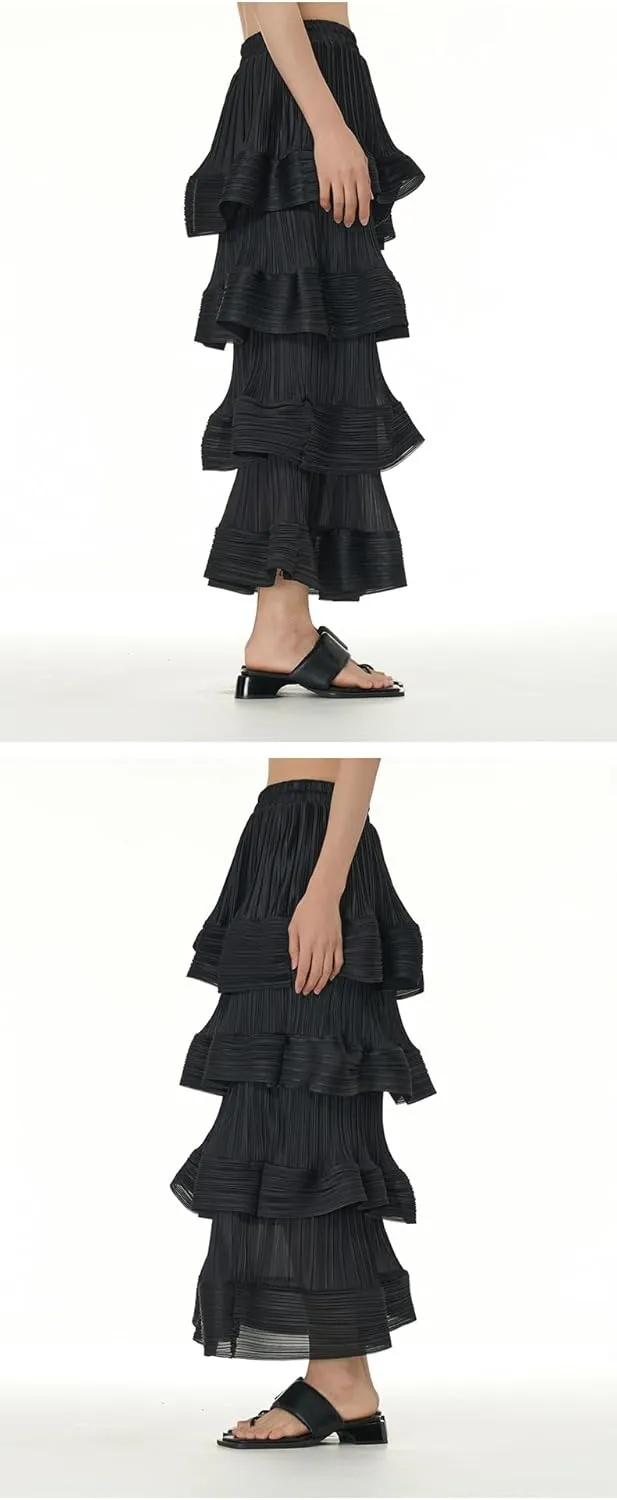 THLAI Womens Skirt Midi Elastic Waist Tiered Long Skirt Falbala Spring Summer Fall Skirt