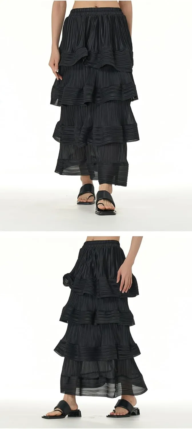 THLAI Womens Skirt Midi Elastic Waist Tiered Long Skirt Falbala Spring Summer Fall Skirt