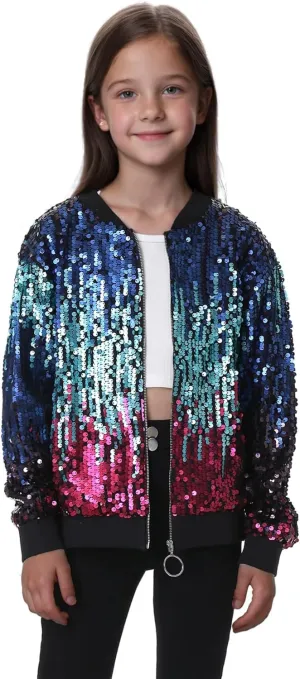 TIMSOPHIA Girls Sequin Jacket, Sparkle Bomber Jacket Glitter Kids 1989 Sparkly Blazer Costume for Concert Party Club