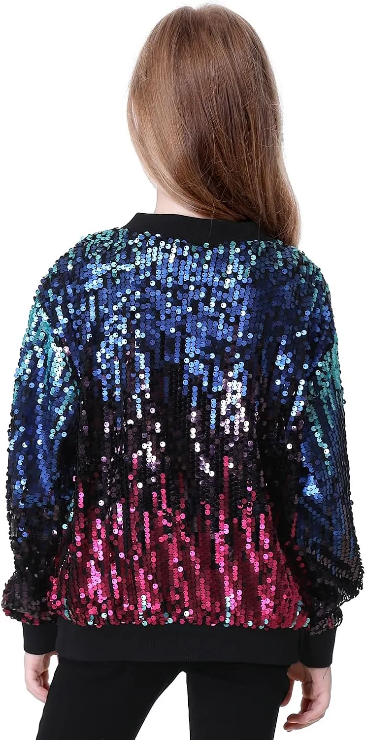 TIMSOPHIA Girls Sequin Jacket, Sparkle Bomber Jacket Glitter Kids 1989 Sparkly Blazer Costume for Concert Party Club