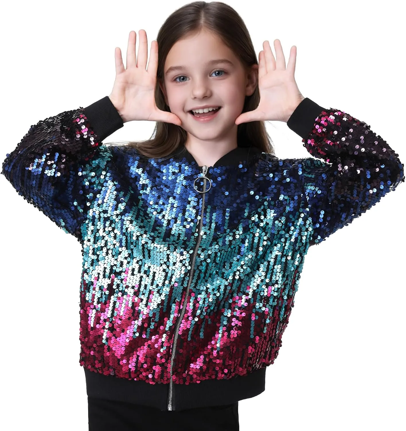 TIMSOPHIA Girls Sequin Jacket, Sparkle Bomber Jacket Glitter Kids 1989 Sparkly Blazer Costume for Concert Party Club