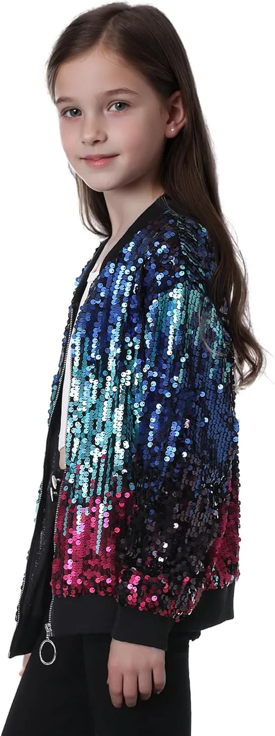 TIMSOPHIA Girls Sequin Jacket, Sparkle Bomber Jacket Glitter Kids 1989 Sparkly Blazer Costume for Concert Party Club
