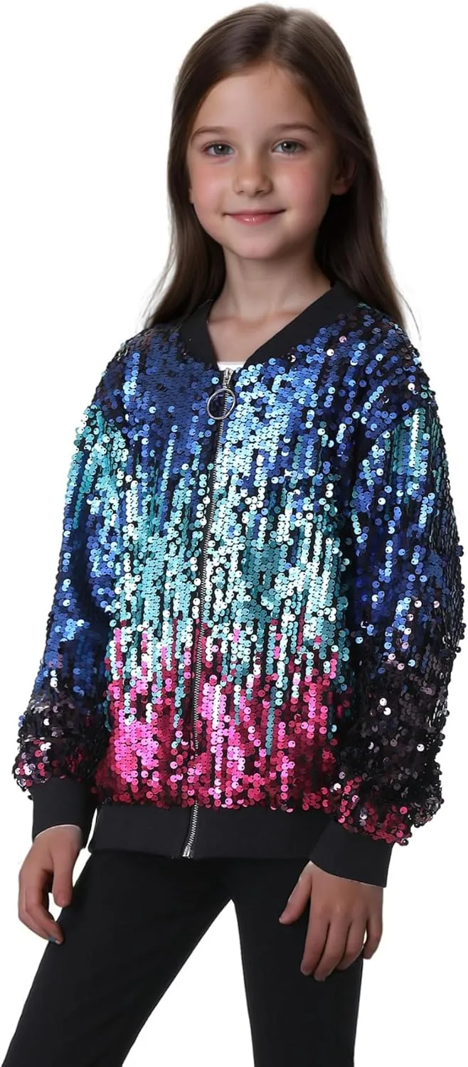 TIMSOPHIA Girls Sequin Jacket, Sparkle Bomber Jacket Glitter Kids 1989 Sparkly Blazer Costume for Concert Party Club