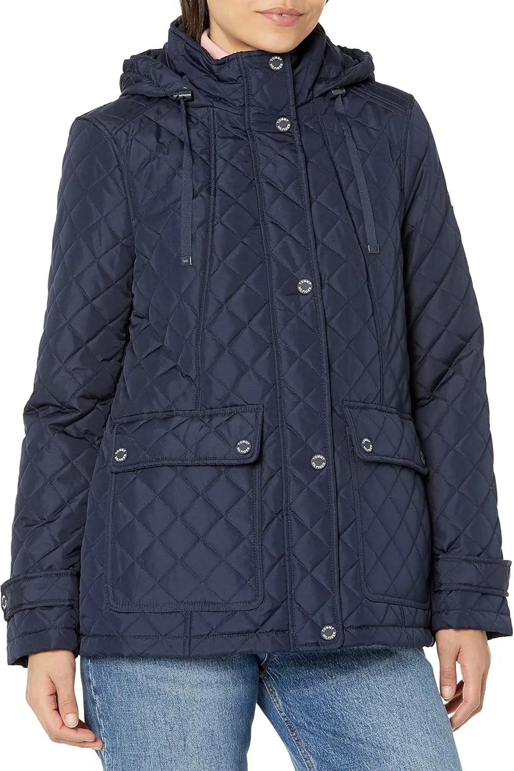 Tommy Hilfiger Women's Quilted Jacket Contrast Snaps Button Down Jacket