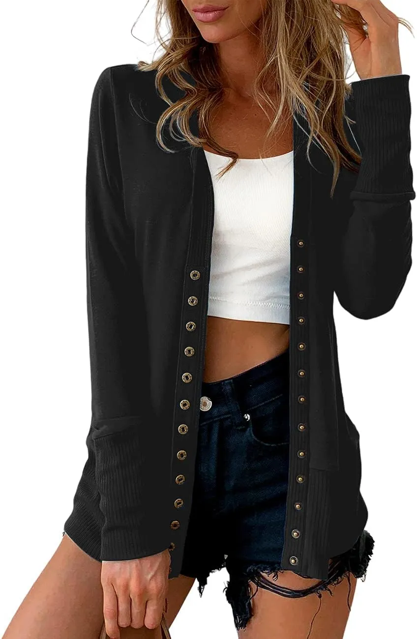 Traleubie Women's Long Sleeve V-Neck Button Down Knit Open Front Cardigan Sweater