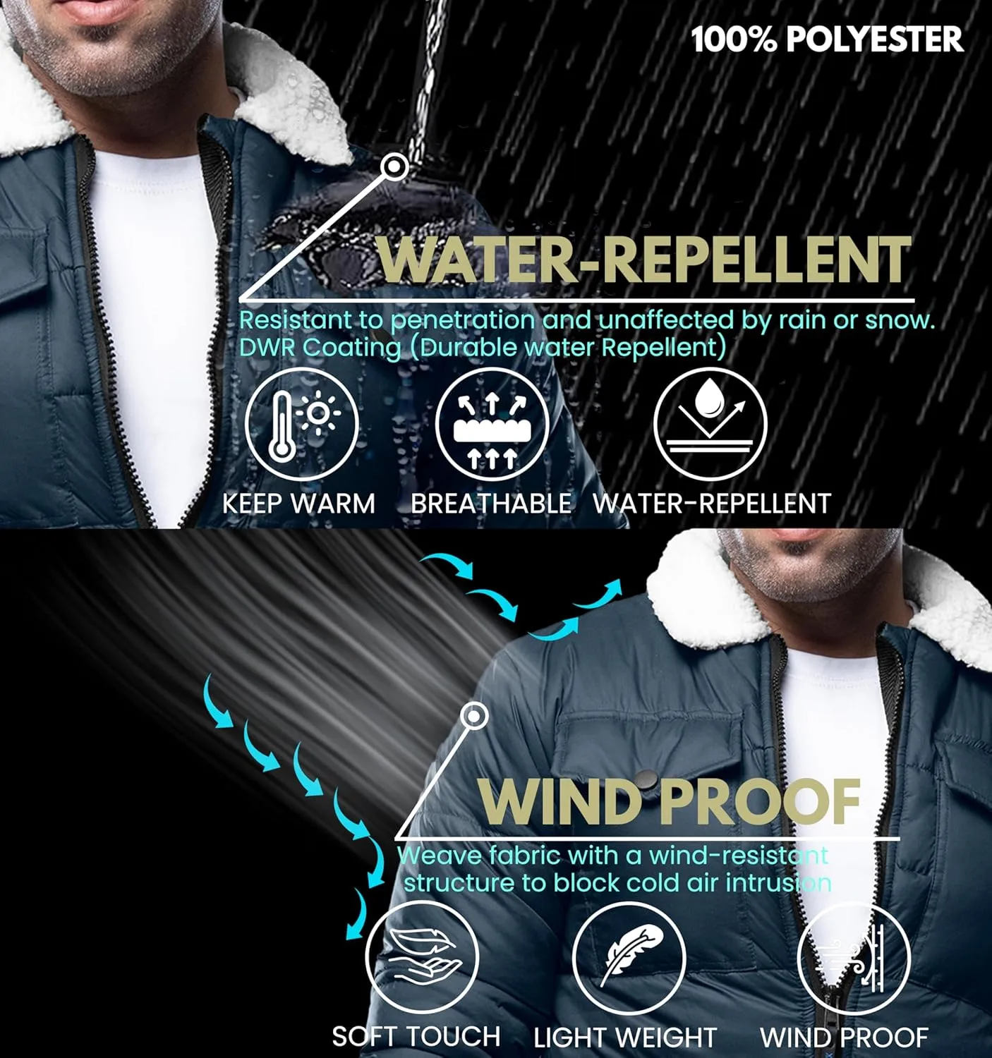 URBAN BUCK Mens Puffer Jacket Midweight Recycled Winter Down Windproof and Water Repellent Henry Men Climbing Jackets