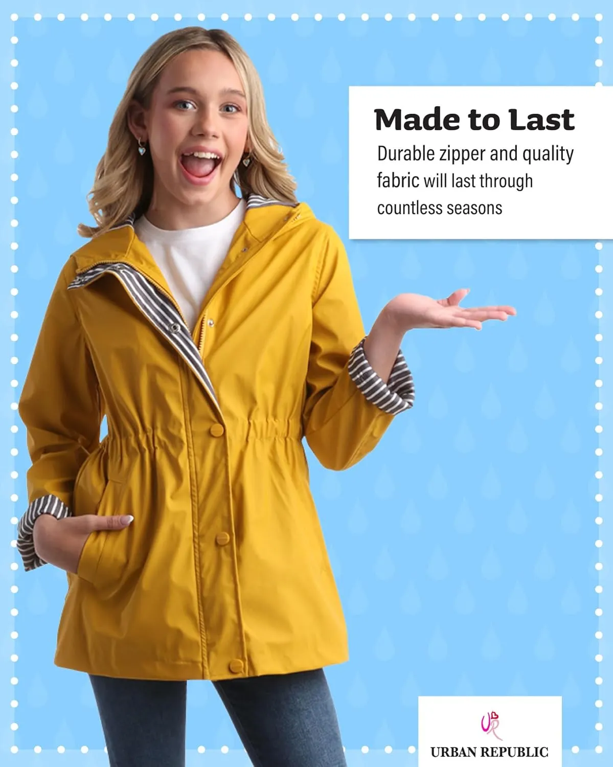 URBAN REPUBLIC Girls' Rain Jacket - Lightweight Waterproof Slicker Shell Hooded Raincoat for Travel, Hiking, and Golf (7-16)