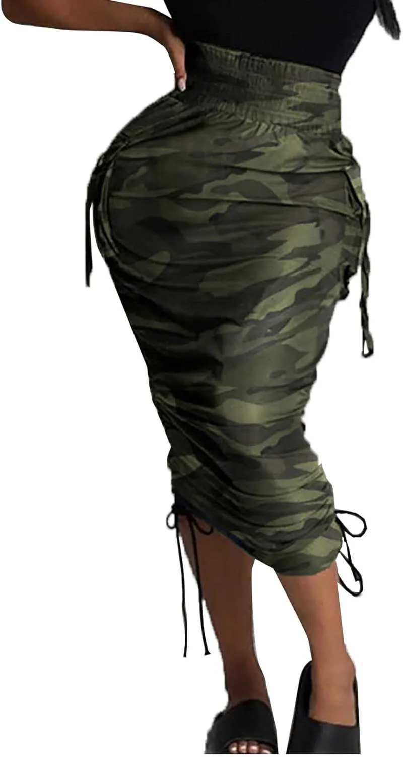 Vakkest Women's Camo Cargo Midi Skirt Elegant High Waist Vintage Dress Slit Front Ruffle Long Bodycon Maxi Skirts