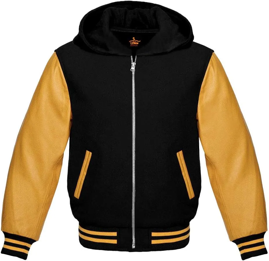 Varsity Hoodie Baseball Letterman Bomber Wool & Genuine Yellow Gold Leather Sleeves Zipper Jacket