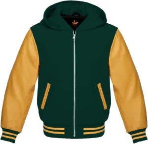Varsity Hoodie Baseball Letterman Bomber Wool & Genuine Yellow Gold Leather Sleeves Zipper Jacket