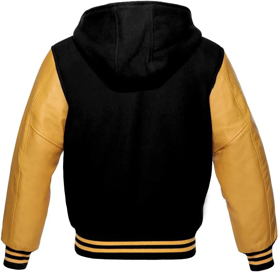 Varsity Hoodie Baseball Letterman Bomber Wool & Genuine Yellow Gold Leather Sleeves Zipper Jacket