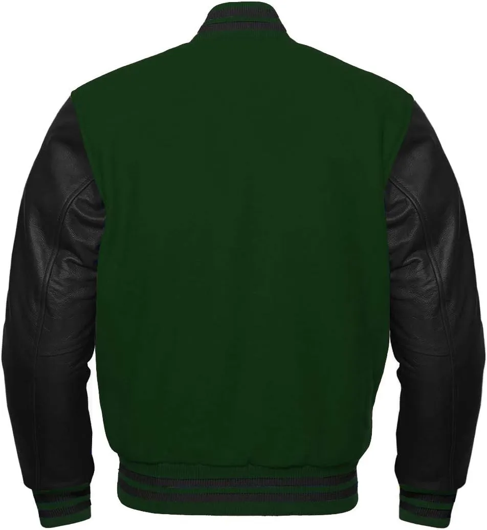 Varsity Letterman Wool & Black Genuine Leather Sleeves Bomber Style Baseball Jacket