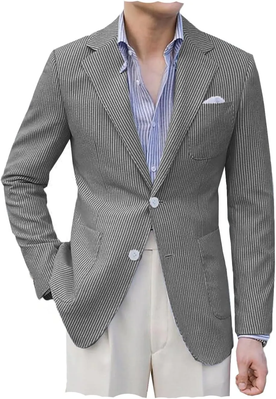 VENNYNG Men's Seersucker Suit Jacket Blazer Spring Summer Sport Coat Grooms Slim Fitted Wedding Formal Lightweight