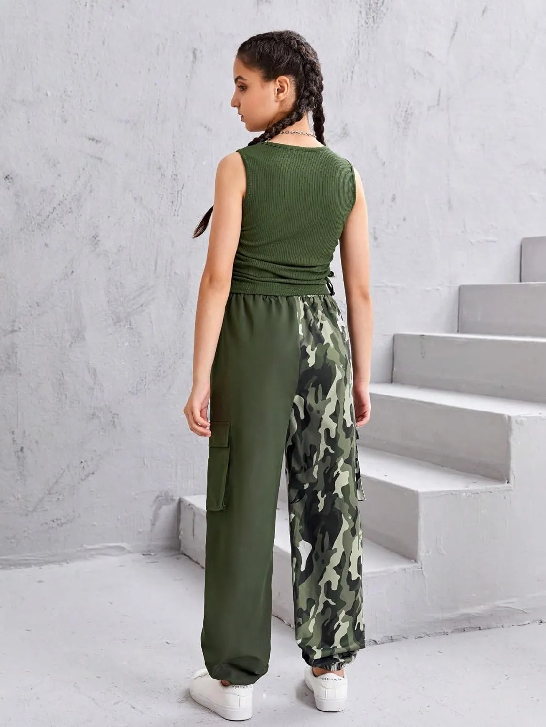 Verdusa Girl's 2 Piece Outfit Ruched Crop Tank Top with Colorblock Cargo Pants