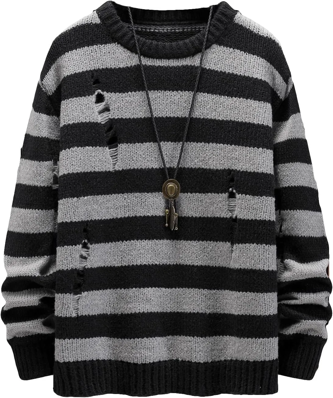 Verdusa Men's Distressed Contrast Binding Round Neck Sweater Striped Long Sleeve Knit Top