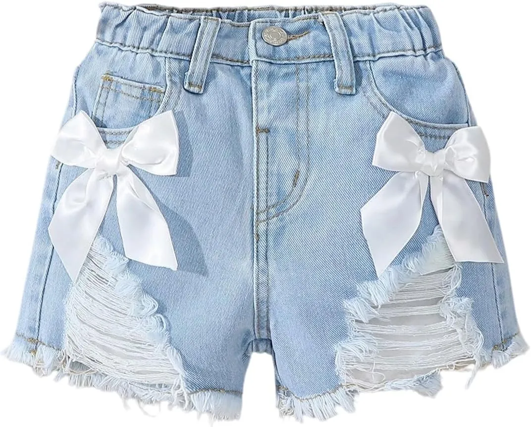 Verdusa Toddler Girl's Coquette Bowknot Ripped Jeans Distressed Denim Shorts with Pockets