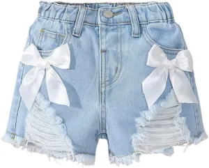 Verdusa Toddler Girl's Coquette Bowknot Ripped Jeans Distressed Denim Shorts with Pockets