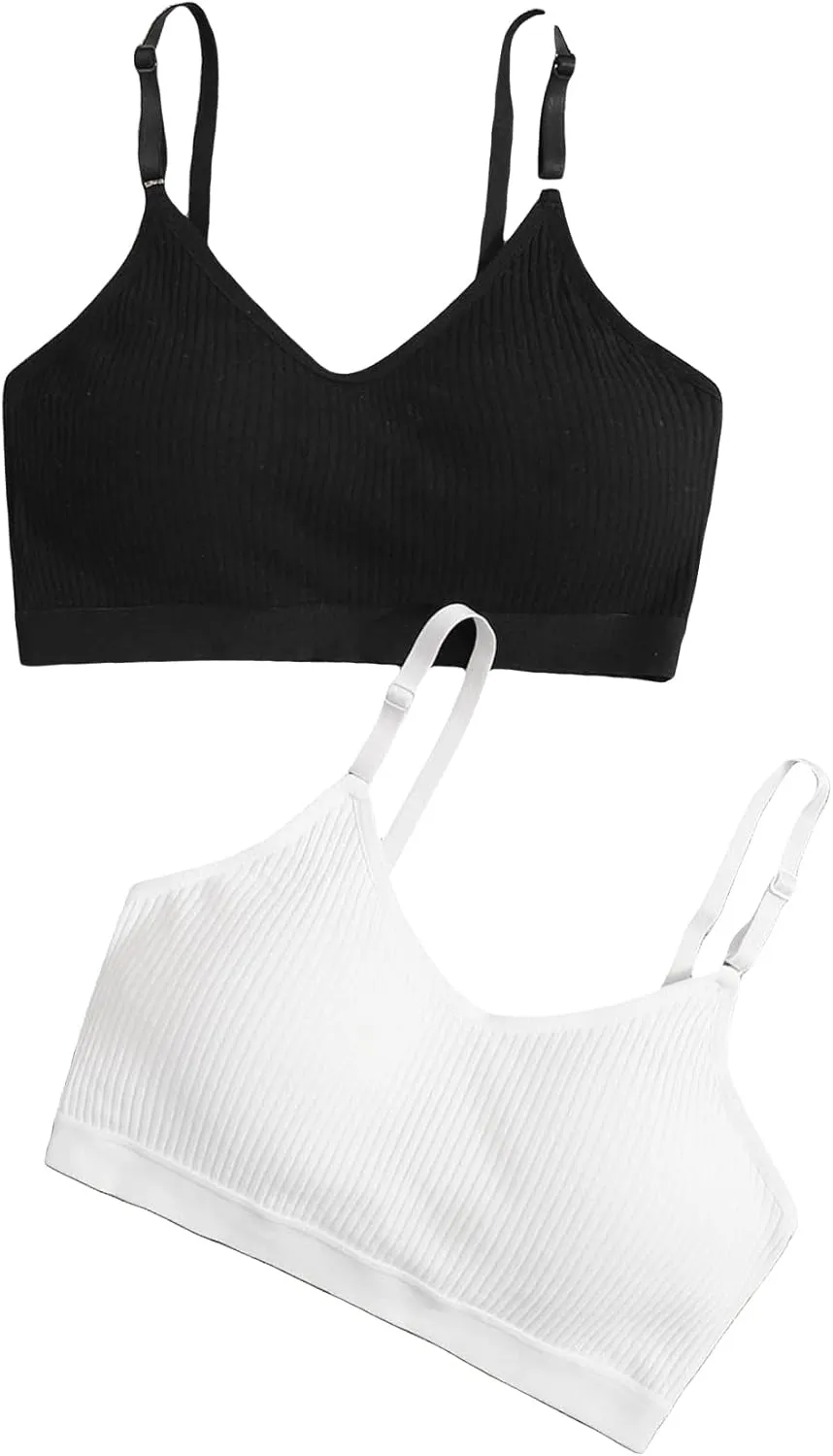 Verdusa Women's 2 Pack V Neck Camisole Bralette Top Ribbed Crop Cami