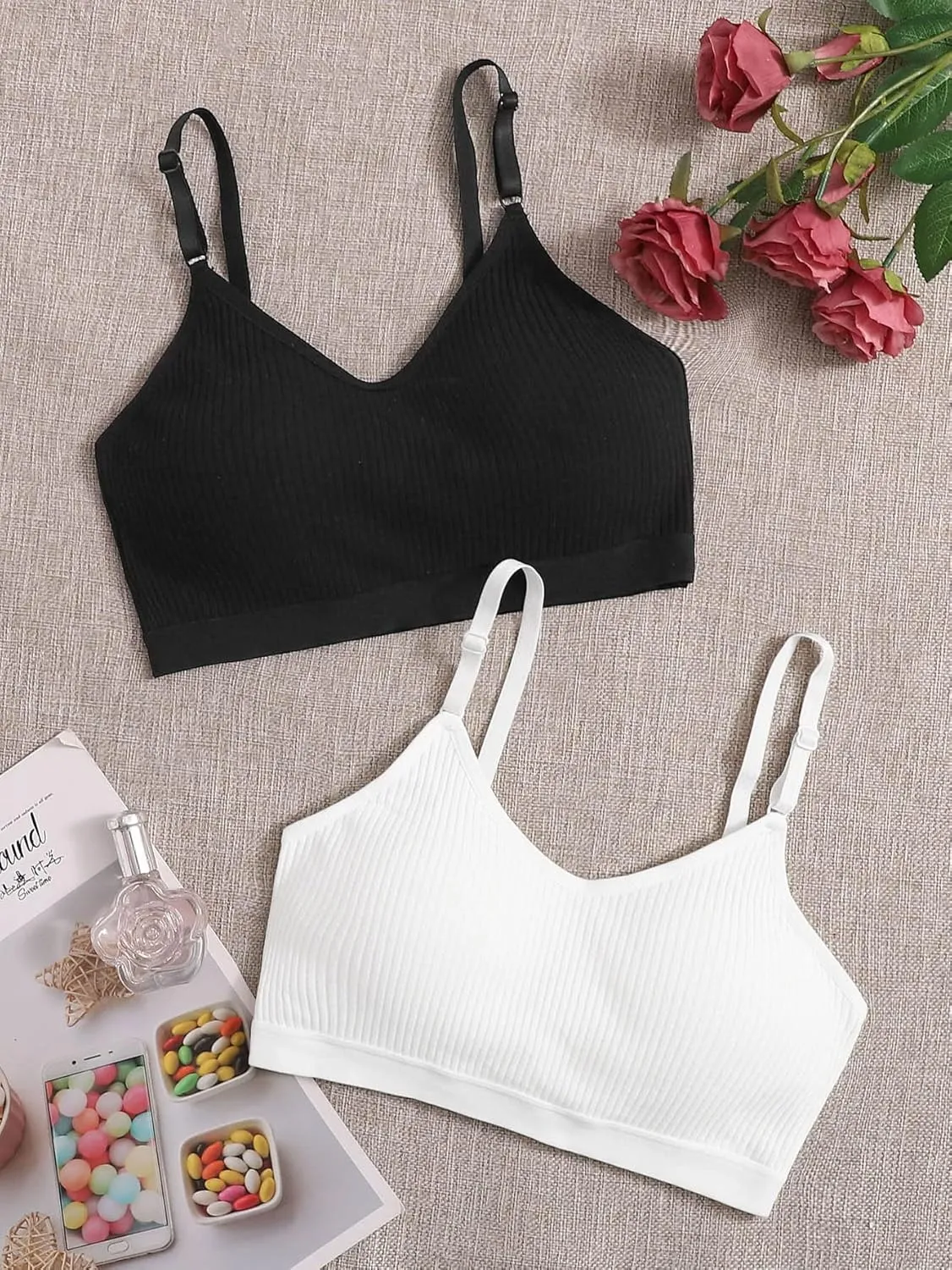 Verdusa Women's 2 Pack V Neck Camisole Bralette Top Ribbed Crop Cami