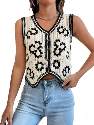 Verdusa Women's Button Front Sleeveless V Neck Crochet Embroidered Knit Sweater Short Vest