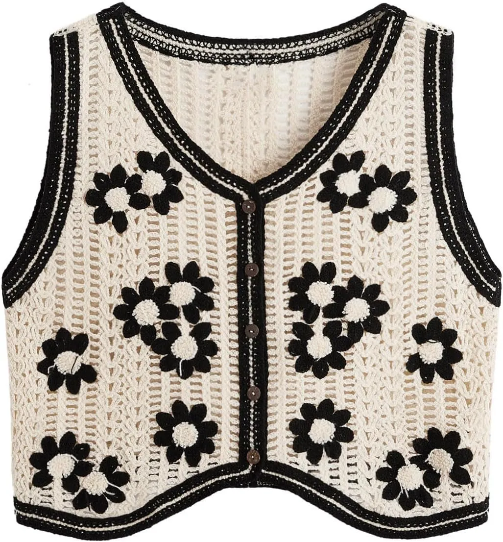 Verdusa Women's Button Front Sleeveless V Neck Crochet Embroidered Knit Sweater Short Vest