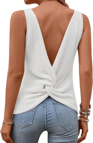 Verdusa Women's Casual Twist Back Sleeveless V Neck Tank Knit Top Vest