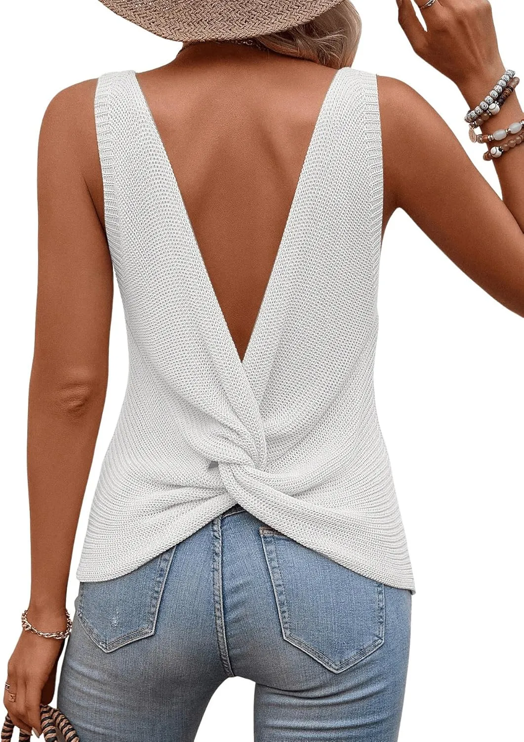 Verdusa Women's Casual Twist Back Sleeveless V Neck Tank Knit Top Vest