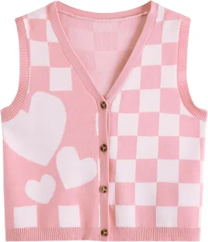Verdusa Women's Checkered Cardigan Plaid Knit Sweater Vest Button Up V Neck Sleeveless Tops