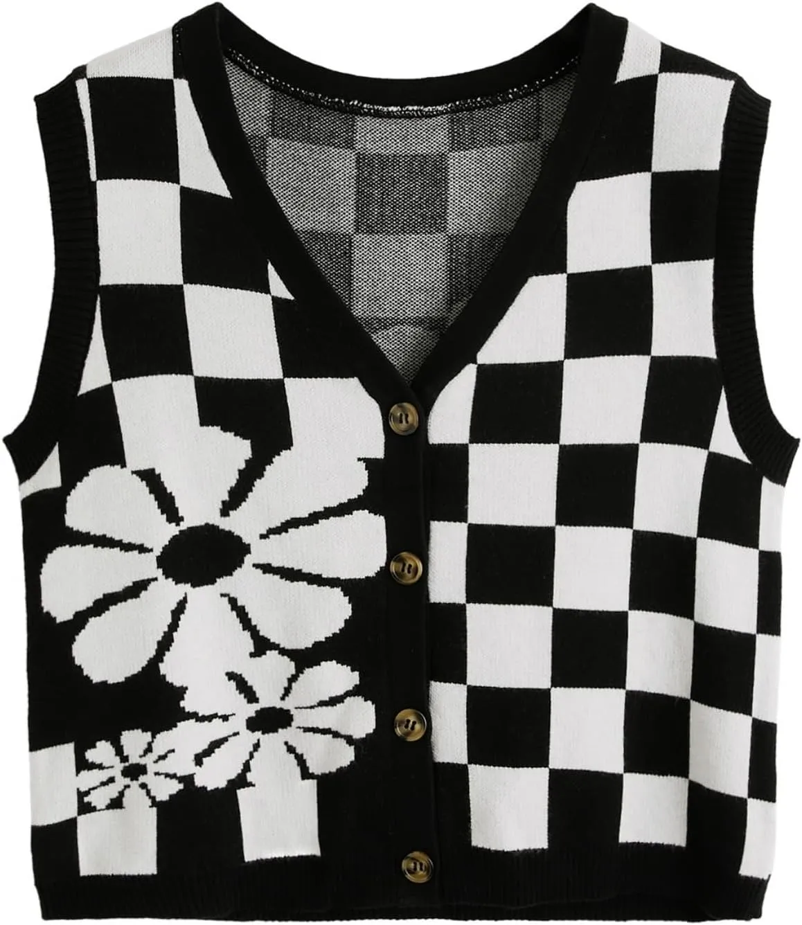 Verdusa Women's Checkered Cardigan Plaid Knit Sweater Vest Button Up V Neck Sleeveless Tops