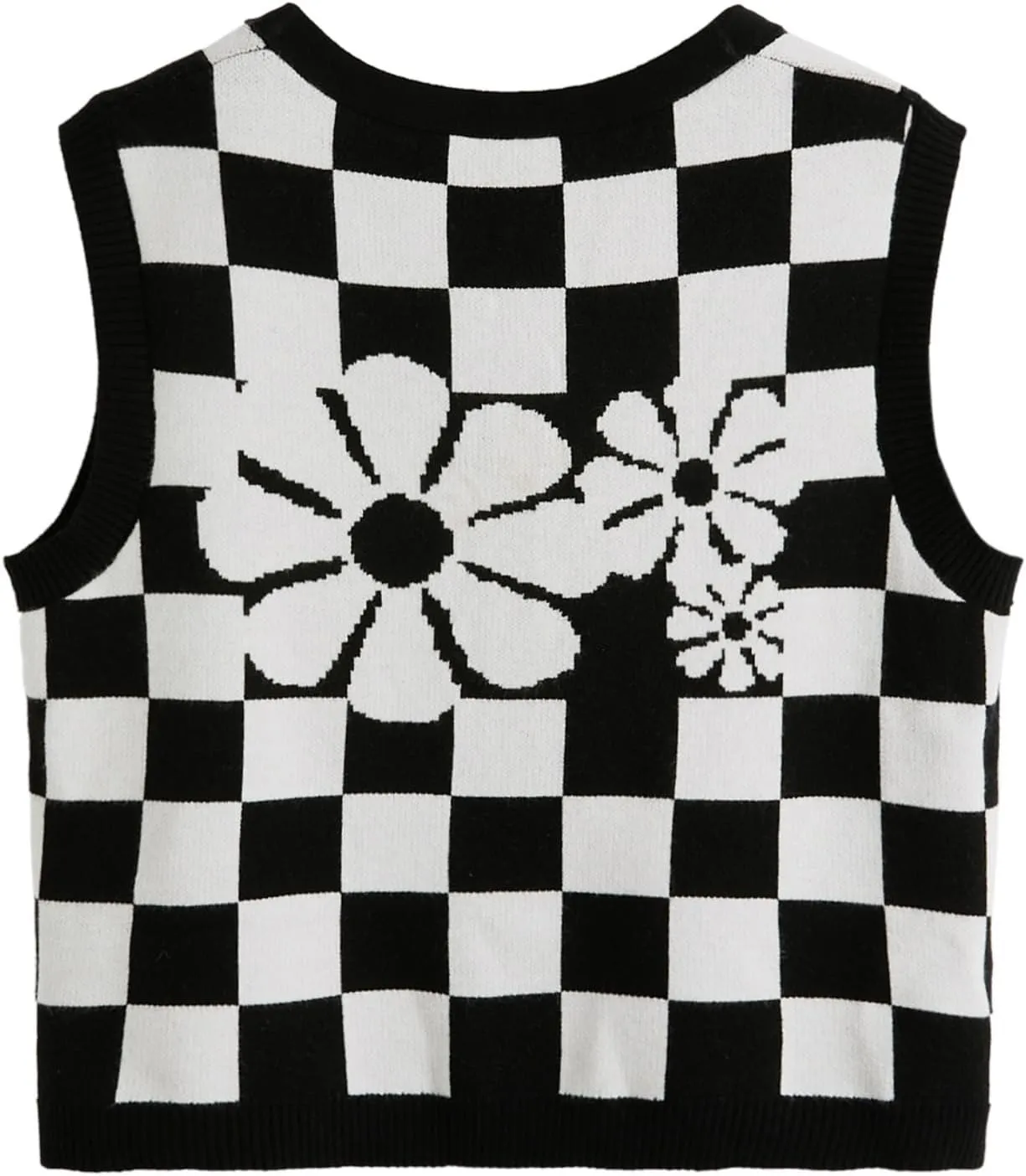 Verdusa Women's Checkered Cardigan Plaid Knit Sweater Vest Button Up V Neck Sleeveless Tops