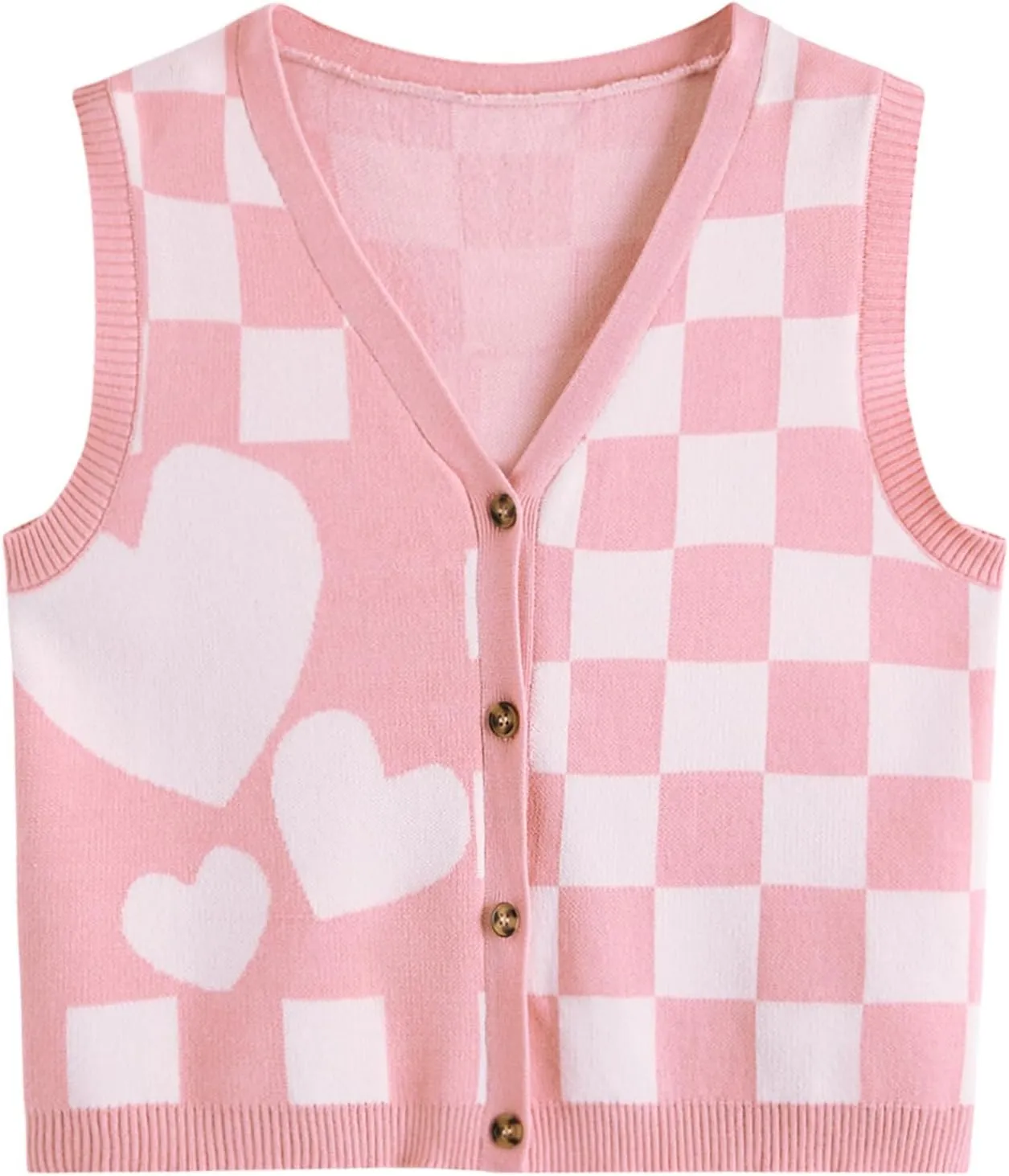 Verdusa Women's Checkered Cardigan Plaid Knit Sweater Vest Button Up V Neck Sleeveless Tops