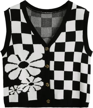 Verdusa Women's Checkered Cardigan Plaid Knit Sweater Vest Button Up V Neck Sleeveless Tops