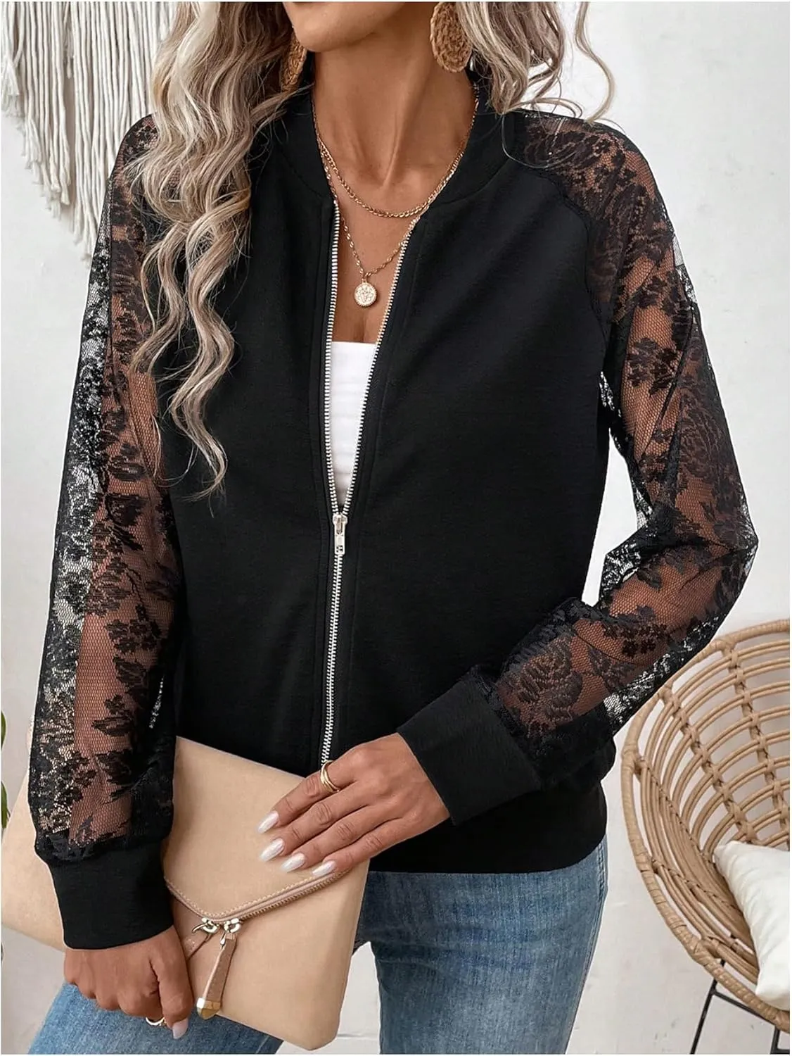 Verdusa Women's Lightweight Jacket Contrast Lace Zip Up Bomber Tops Raglan Long Sleeve Fall Outerwear