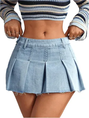Verdusa Women's Raw Hem Pleated Mini Denim Skirt