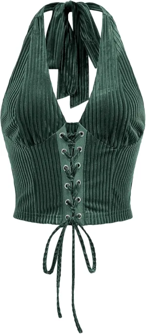 Verdusa Women's Sleeveless Halter Neck Lace Up Front Tie Back Crop Top