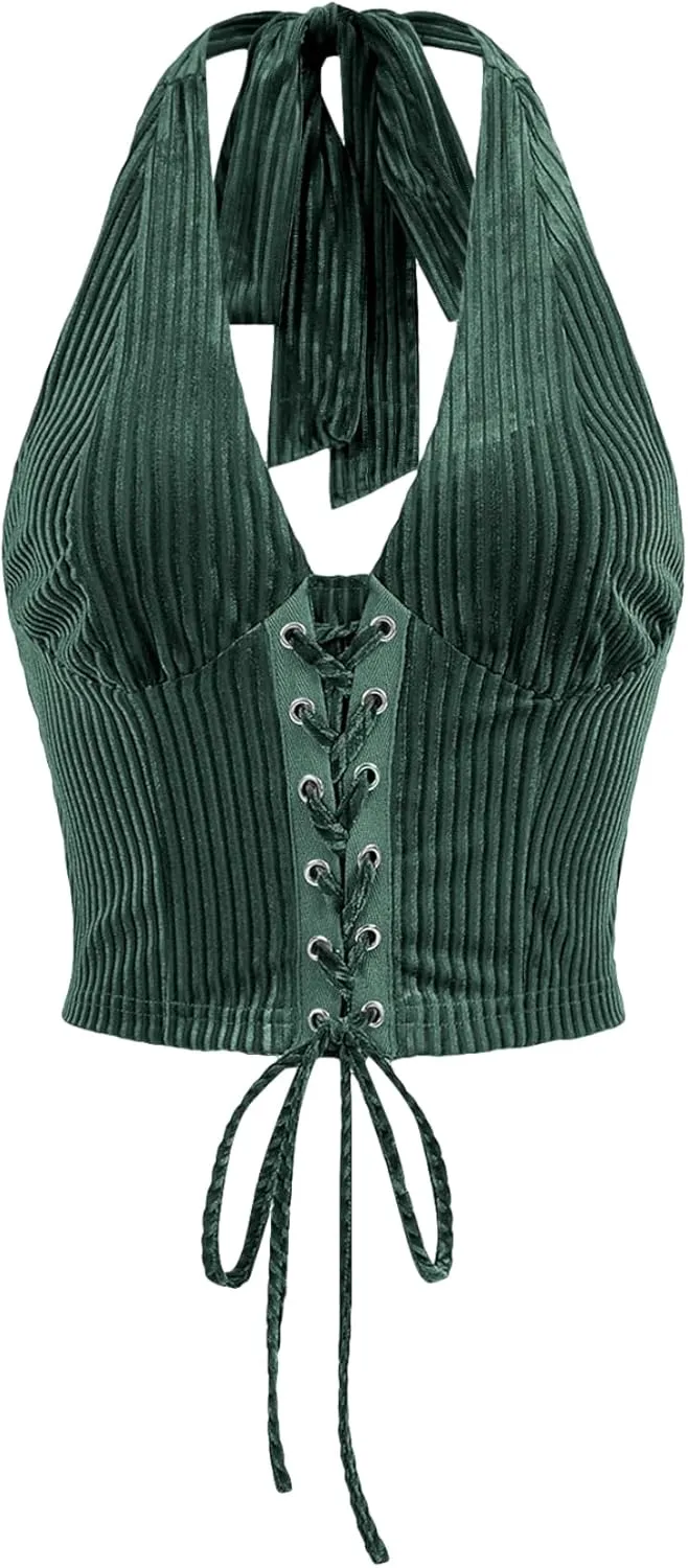 Verdusa Women's Sleeveless Halter Neck Lace Up Front Tie Back Crop Top