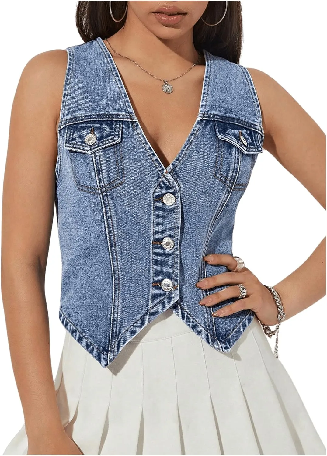Verdusa Women's V Neck Asymmetrical Hem Sleeveless Button Front Denim Vest Top